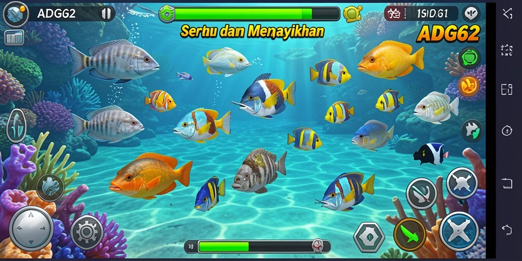 Screenshot utama ADG62 menampilkan gameplay menembak ikan yang seru.