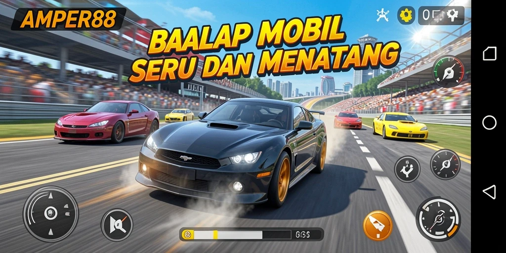 Screenshot gameplay AMPER88 yang menunjukkan aksi balap yang mendebarkan.