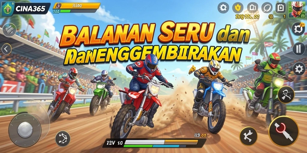 Screenshot menunjukkan aksi balapan seru dalam CINA365.