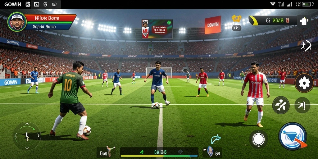 Screenshot GOWIN menampilkan aksi seru di lapangan sepak bola.