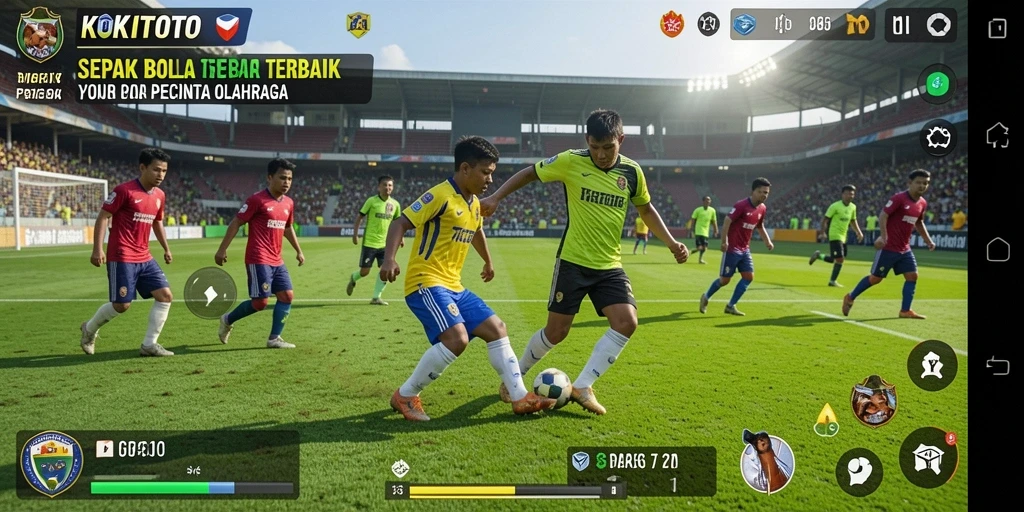 Screenshot utama KOKITOTO menunjukkan aksi mendebarkan di lapangan sepak bola.