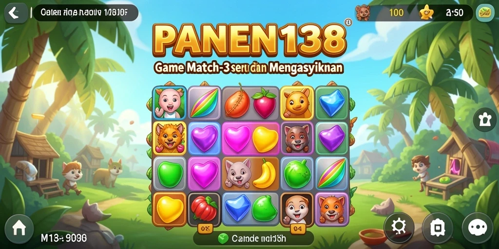 Screenshot utama PANEN138 menampilkan gameplay Match-3 yang seru dan berwarna.