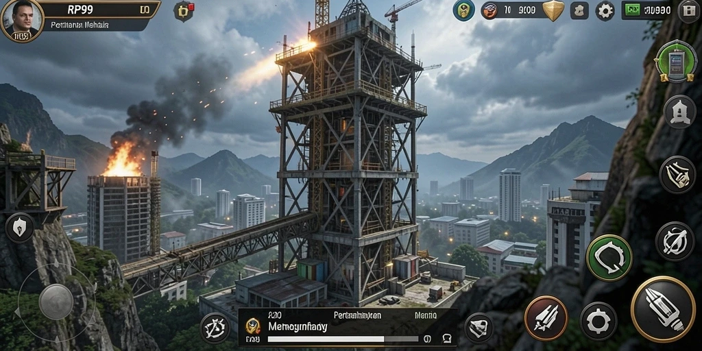 Screenshot gameplay RP99 menunjukkan aksi mempertahankan menara yang mendebarkan.