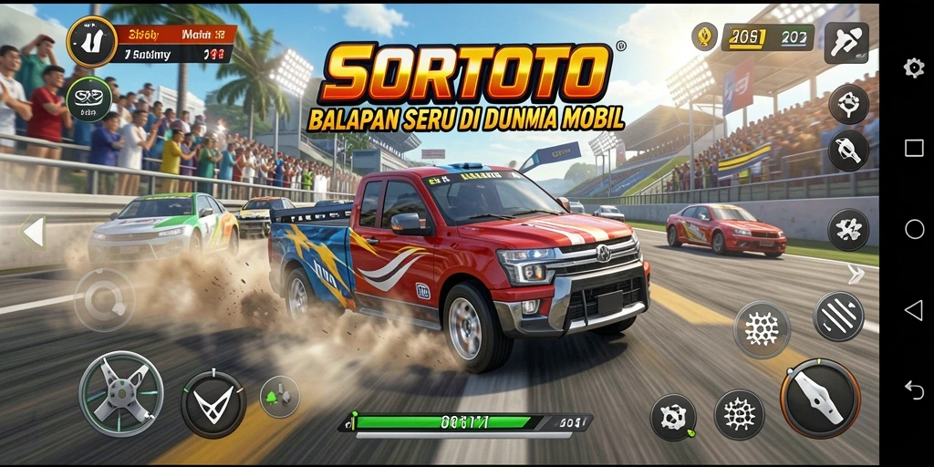Gameplay SORTOTO memperlihatkan balapan mobil yang mendebarkan.